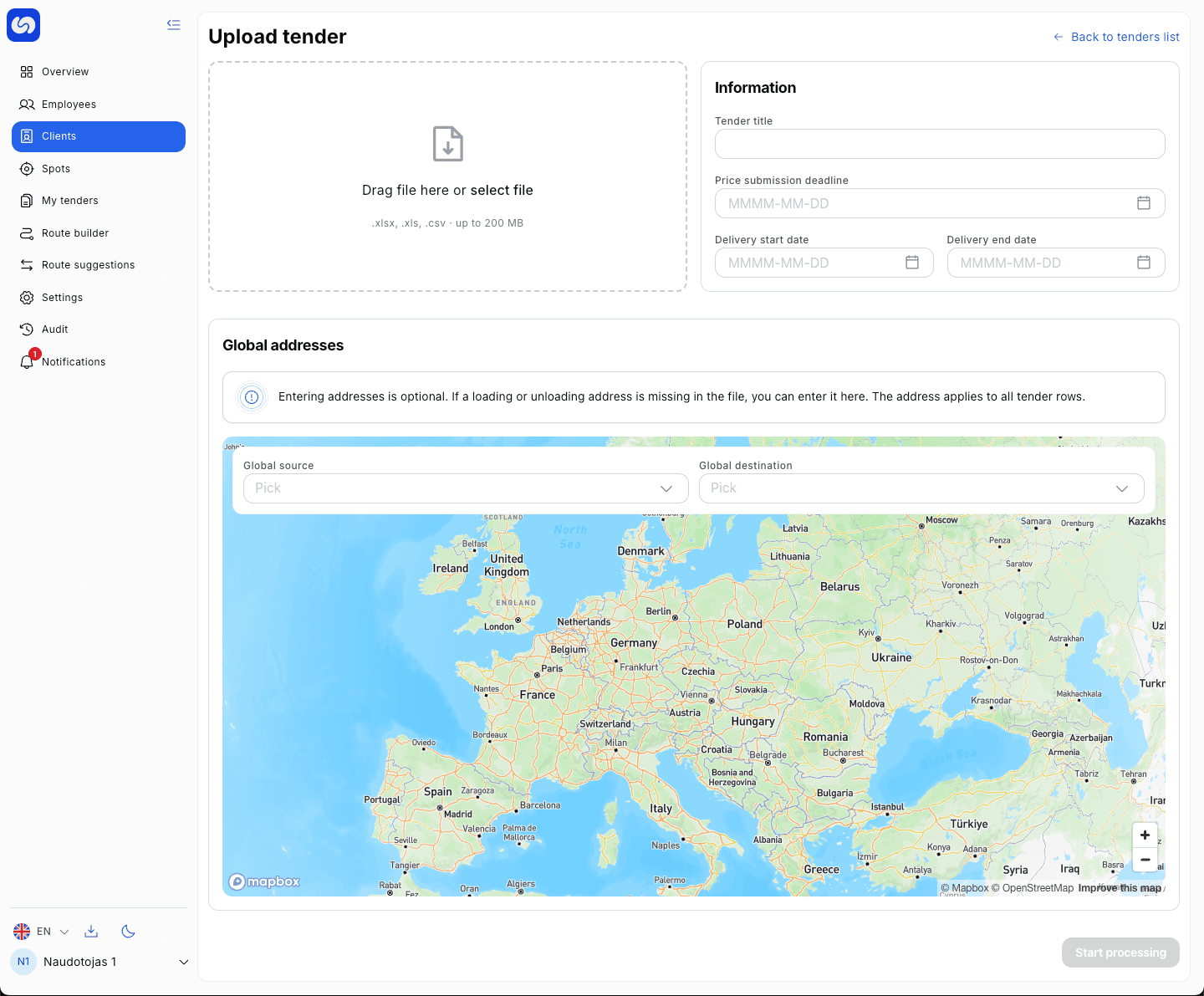 Tenderio importo ekranas, mapinantis Excel stulpelius į pakrovimo / iškrovimo adresus, apimtis ir kainą